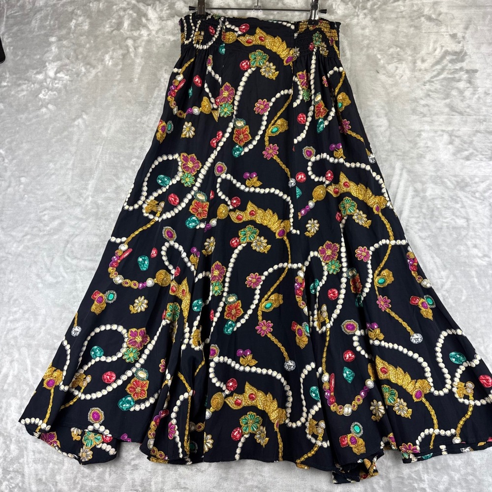 Vintage Carole Little Maxi Skirt Women 12 Black Jewel Pearl Print Funky (1438)